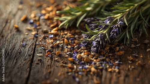 Close-up of rosemary and dried lavender on a wooden table