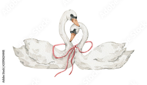 Watercolor couple of white swans with red bow