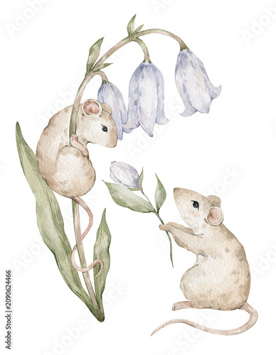 Cute watercolor mouses with bluebell flower. Biege field mouse
