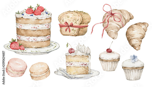 Watercolor pastry set, cake with frosting and strawberrys, macarons, croissant, cherry cupcake, bread with seeds, cake slice. Sweet birthday party food