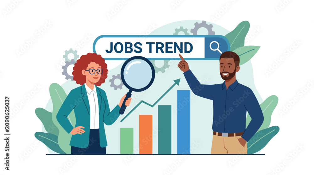 Naklejka premium Man and woman analyzing jobs trend with magnifying glass and rising bar chart. Perfect for labor market, employment growth, and career statistics.