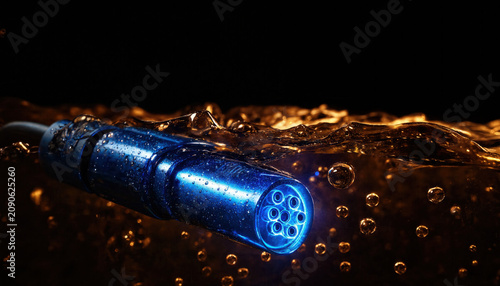 Electric Car Charging Plug Submerged in Dark Liquid Close Up
