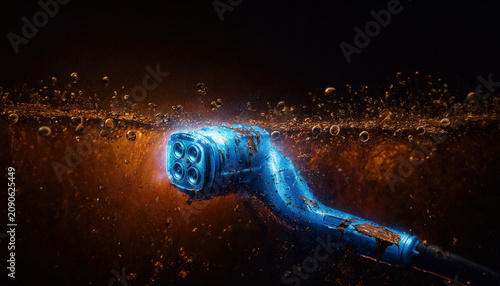 Electric Car Charging Plug Submerged in Dark Liquid Close Up