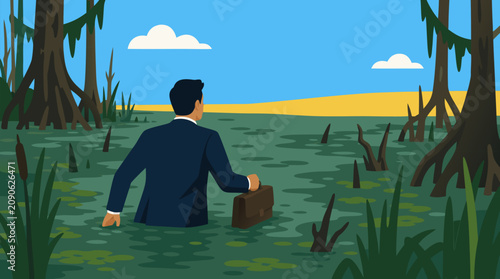 Determined businessman wading through murky swamp toward bright solid ground, symbolizing strategic resilience, career obstacles, risk management, leadership courage, and pursuit of success