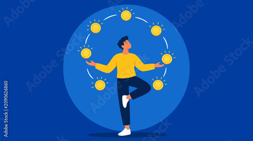 Confident person balancing on one foot while juggling glowing golden coins in a smooth circular orbit, wealth management, budgeting and financial control vector illustration on blue backdrop