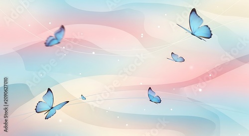 Delicate Blue Butterflies Flying Across Soft Pastel Abstract Background