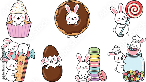 Cute Easter bunny dessert clipart collection featuring rabbits with cupcakes donuts candy macarons chocolate eggs and sweet treats vector illustration set