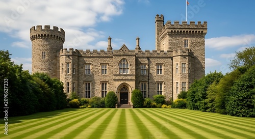Historic Stone Castle Standing Behind Striped Lawn in Lush Garden