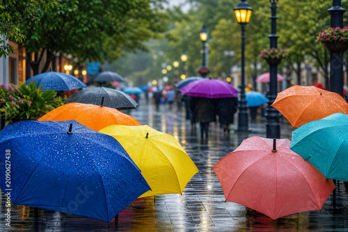 Colorful umbrellas on rainy monsoon city street