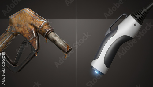 Close up of old and new fuel nozzles with dripping gasoline on dark background