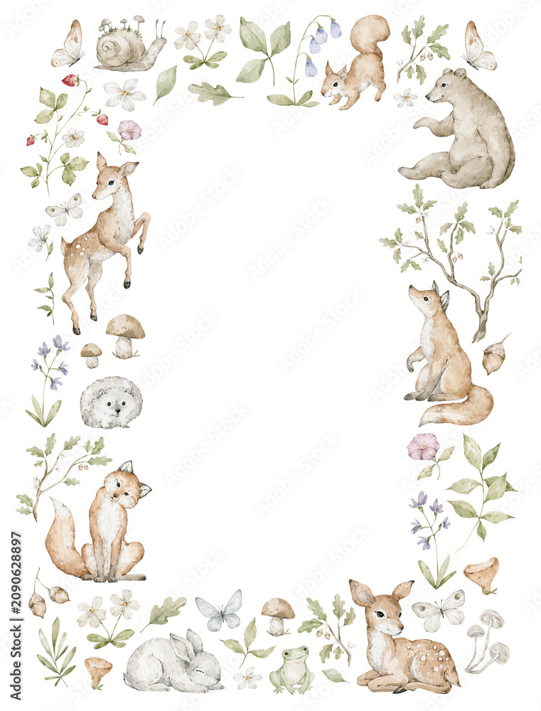 Naklejka premium Watercolor frame with wild forest animals and nature elements. Deer, Bear, fox, hare, rabbit, hedgehog, mushrooms, flowers, leaves, oak branch. Woodland card template