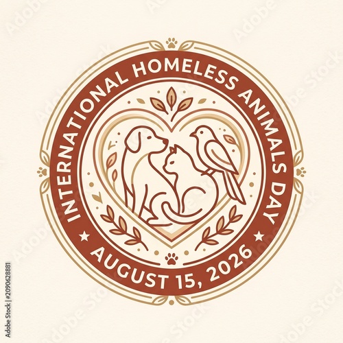 International Homeless Animals Day August 15 2026 Minimalist Emblem Illustration with Dog Cat and Bird in Heart Shape
