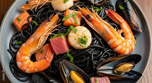 Fresh Seafood Squid Ink Pasta Arranged on Gray Plate on Wooden Table