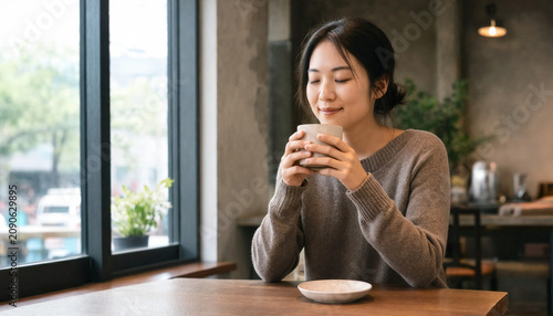 Woman Drinking Coffee at Window Table in Cozy Indoor Setting
