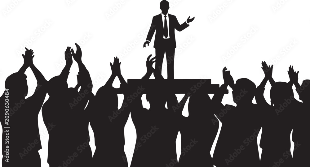 Fototapeta premium Businessman leader silhouette, standing on platform, crowd following, black icon, leadership concept, teamwork vector