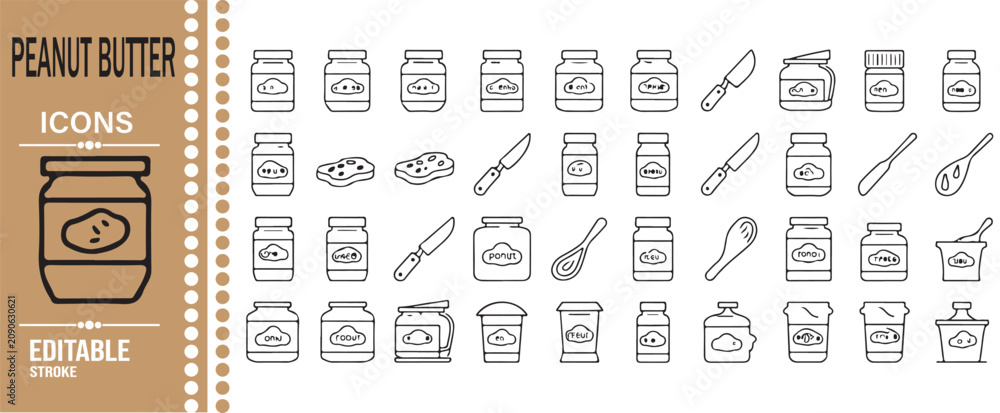 Naklejka premium Peanut Butter Food Preparation Thin Line Icons