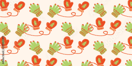 Bild auf Leinwand Childlike cosy winter pattern with colourful Christmas mittens and gloves in soft textured crayon style