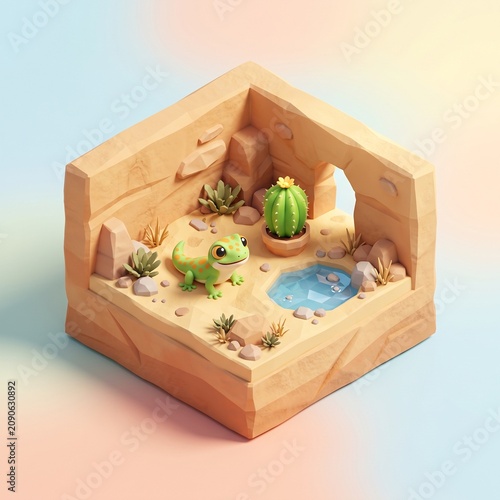 Cute Isometric Gecko in Low-Poly Desert Habitat 3D Illustration for Modern UI and App Design