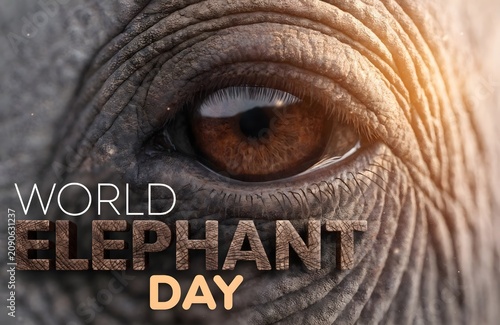 Close-up of elephant eye with textured skin and world elephant day text