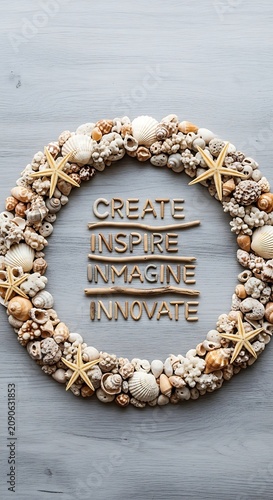 Coastal Seashell Wreath Framing Inspirational Words on Gray Wooden Background