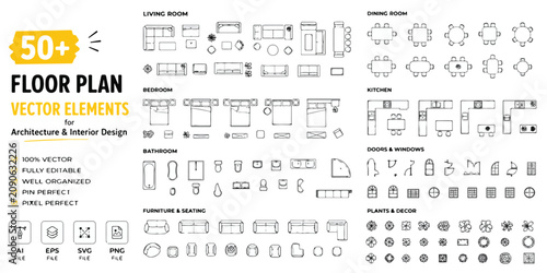 Photos Floor plan vector elements for architecture and interior design, 50 plus furnitu
