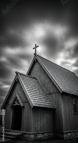 Dramatic Wooden Church Standing Under Stormy Sky in Black and White