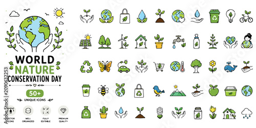 Photos World Nature Conservation Day icon set, 50 ecology and sustainability vector ico