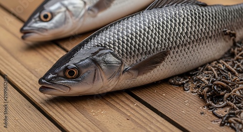 Fresh Silver Fish Lying on Wooden Dock Beside Fishing Net