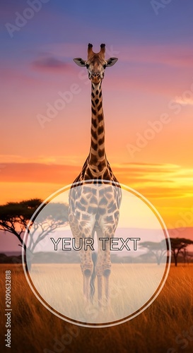 Tall Giraffe Standing in Golden Savanna at Colorful Sunset