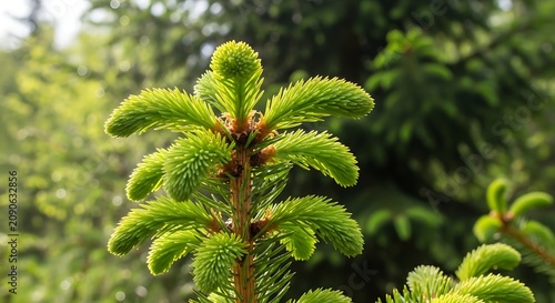 Bright Green Spruce Tip Growing in Sunlit Forest Garden