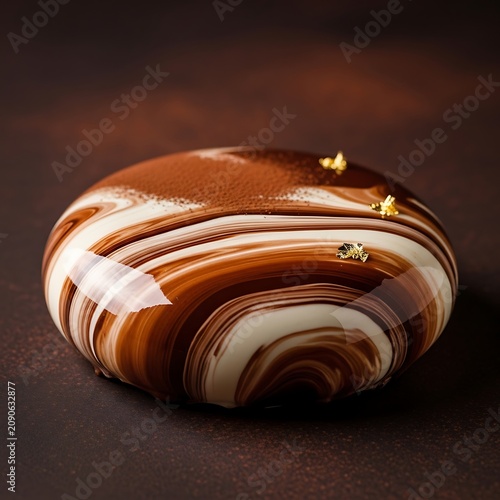 Glossy Chocolate Mirror Glaze Dessert Decorated with Gold Leaf on Dark Studio Surface