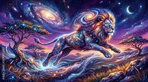 Painterly Concept Art of a Celestial Star-Lion Leaping Through a Magical Savanna of Swirling Energy and Ancient Acacia Trees

