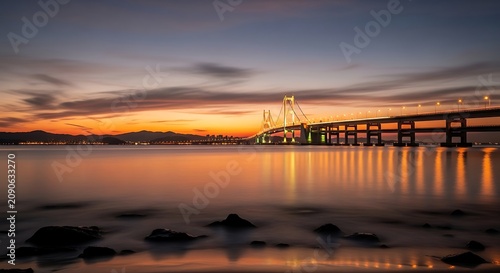 Illuminated Suspension Bridge Spanning Calm Bay at Colorful Sunset