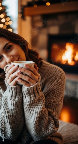 Cozy Young Woman Holding Warm Mug Beside Glowing Fireplace at Home