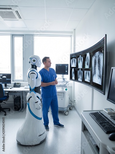 AI Humanoid Robot Assisting Doctor During Patient Care in Modern Hospital