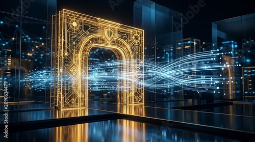 Abstract Digital Gateway Featuring Glowing Golden Archway and Data Streams Representing Advanced Technological Connectivity