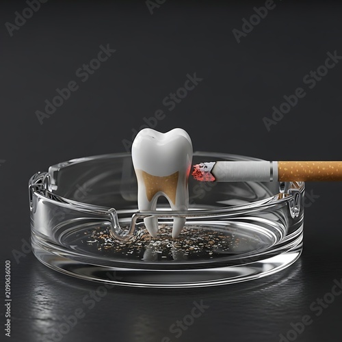 White Tooth Standing in Glass Ashtray Beside Burning Cigarette on Dark Background