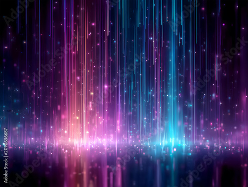 Abstract Purple and Blue Light Streaks with Glowing Particles Background