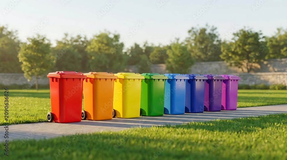 Naklejka premium Row of colorful plastic waste bins standing on a path in a green park during a sunny summer day. rainbow trash cans