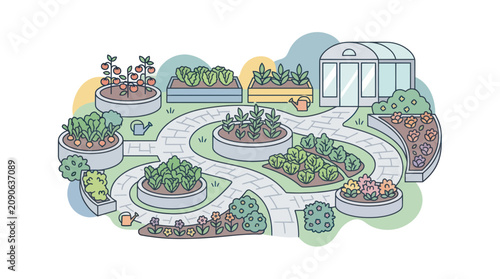 Quadro su tela Urban Community Garden with Raised Beds, Greenhouse and Winding Paths