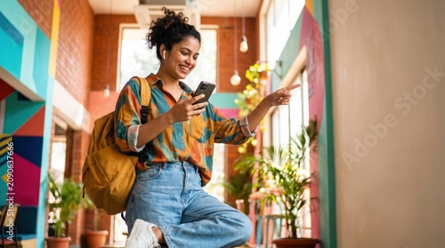 Happy Indian female student with ADHD using smartphone in colorful campus cafe