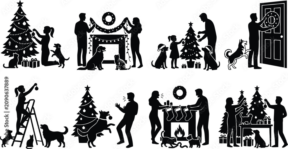 Obraz premium Family decorating christmas tree with pets