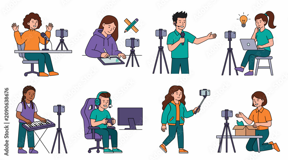 Fototapeta premium A collection of diverse people engaged in various online content creation activities, including vlogging, streaming, gaming, drawing, and unboxing, using smartphones on tripods.