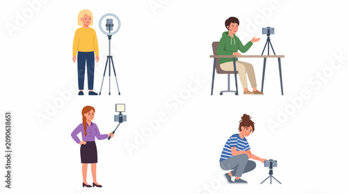 Various people creating content and vlogging with smartphones and accessories like ring lights, tripods, and selfie sticks, illustrating modern digital media production.