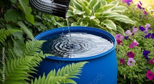 Blue Rain Barrel Collecting Water From Downspout in Lush Garden