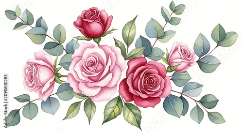Delicate Pink Rose Bouquet Arranged with Green Leaves on White Background