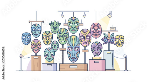 Bild auf Leinwand Tribal Masks Displayed in Museum Exhibit, Colorful Cultural Artifacts Collection