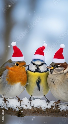 Three Small Birds Wearing Santa Hats Perched on Snowy Branch in Winter Forest