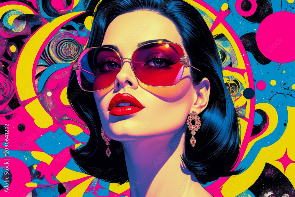 Obraz premium Pop art portrait young smiling beautiful woman in sunglasses on colored background AI Generative