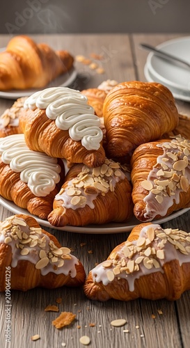 Golden Glazed Croissants with Cream and Almond Topping on Rustic Wooden Table